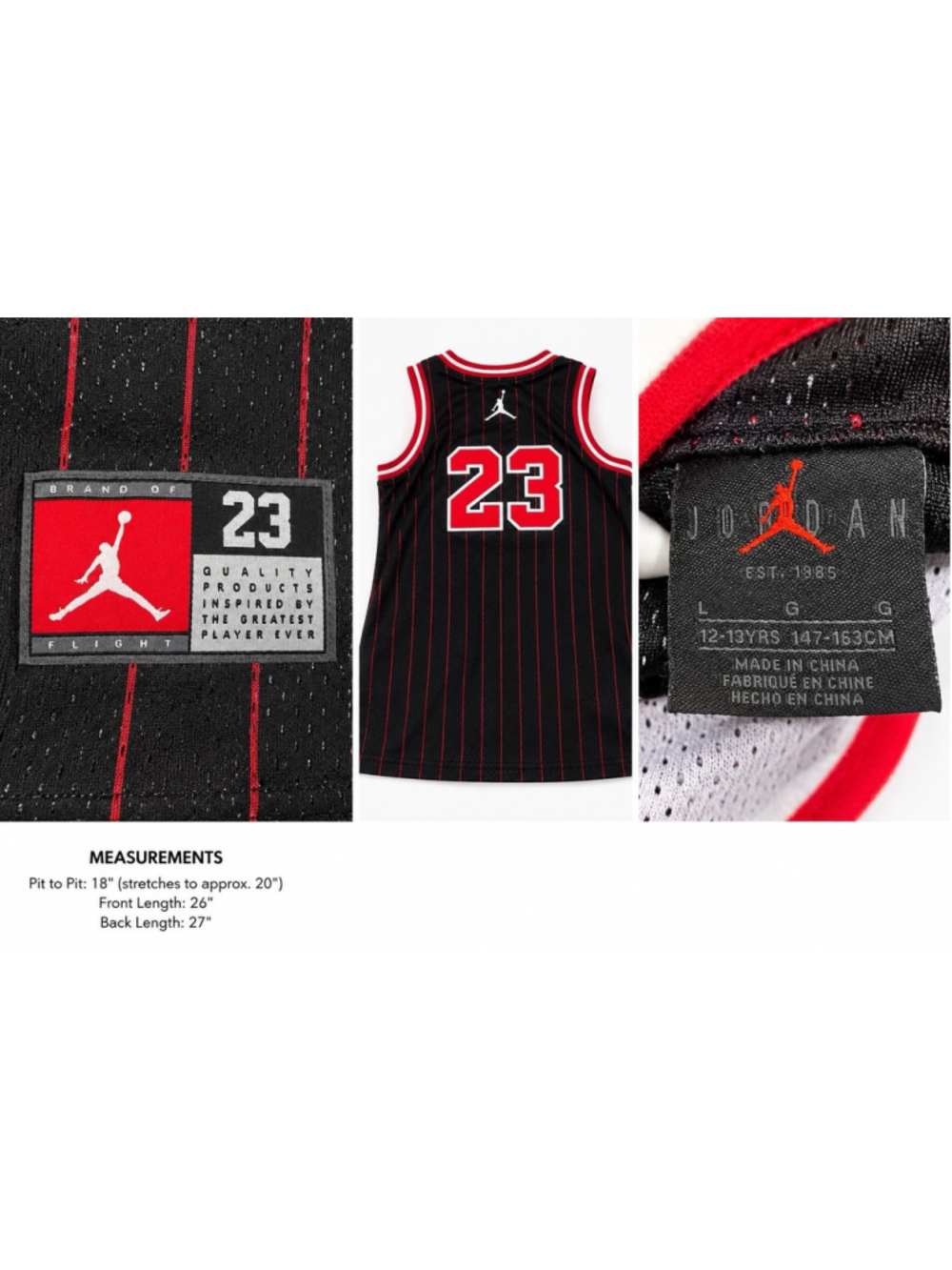 Jordan 23 Youth Large Black Pinstripe Basketball Jersey Jumpman Size 12-13 - Picture 3 of 3